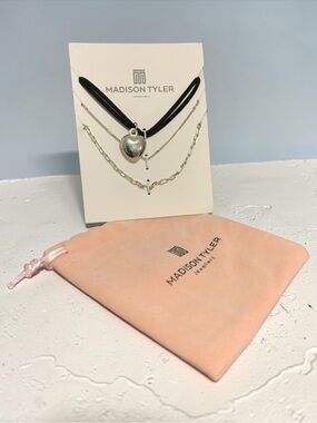 Madison Tyler Silver Heart Layered Necklace with Black Cord 3 Necklaces New